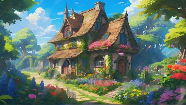 the feel of the beauty of an old house with beautiful flowers blooming, an old house in anime or cartoon style