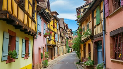 Fototapeta na wymiar Vibrant historic half-timbered homes in a picturesque French village.