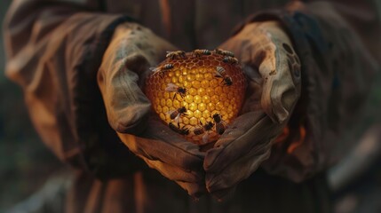 Fototapeta na wymiar The beekeeper holds a honey cell with bees in his hands. Apiculture. Apiary