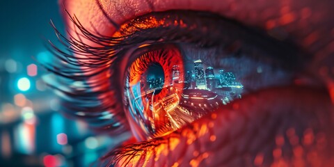 a close up of a person's eye with a city in the background