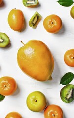 Fresh fruits mango, tangerines kiwi on a white background. Top view, flat lay