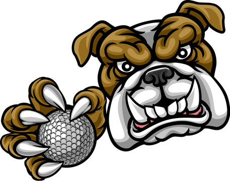 A bulldog dog animal sports mascot holding golf ball