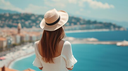 Gorgeous lady admiring Nice's city view while holding a hat on the French Riviera.