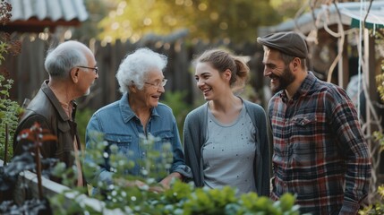 Cordial bond between neighbors. Young couple conversing with senior pair by fence outside.