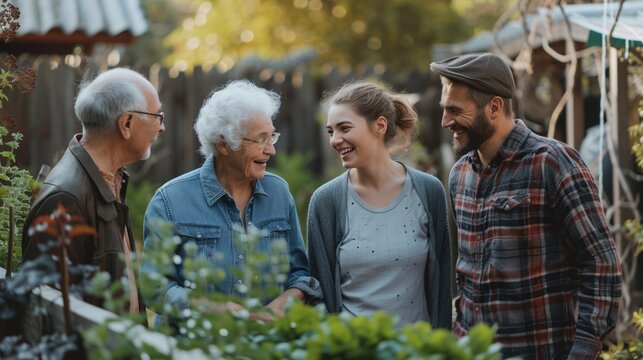 Cordial bond between neighbors. Young couple conversing with senior pair by fence outside.