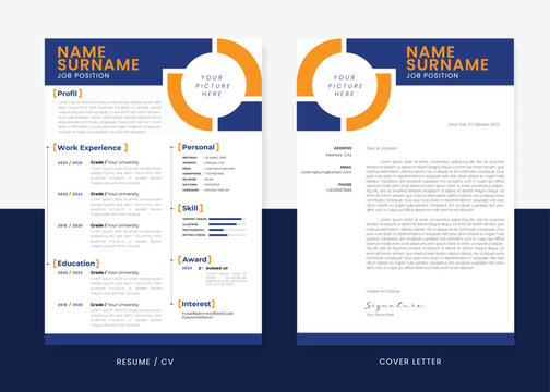 Minimalist CV Resume and Cover Letter Design Template. Professional Modern Design. Stylish Minimalist Elements and Icons with Blue and Orange Color.