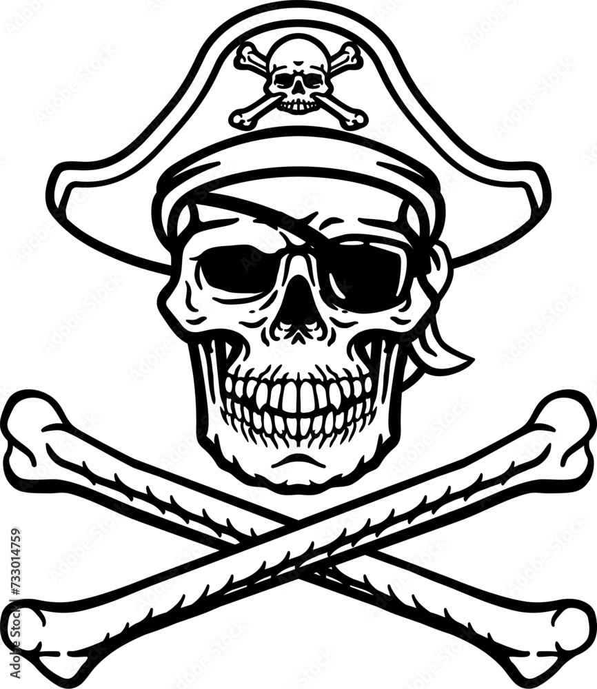 Poster A pirate skull and crossbones jolly roger grim reaper cartoon wearing captain a hat and eye patch