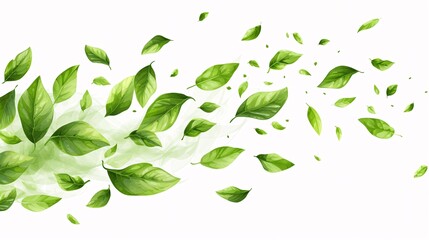 Green fluttering foliage, organic cosmetic backdrop, herbal tea, plant-based eco-friendly design element, falling leaf, summer foliage decoration, beauty item, nutritious cuisine, illustration. - obrazy, fototapety, plakaty