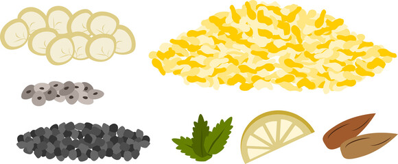 Cuisine ingredients including cheese, pepper, mint, lemon, almond, and leaves.