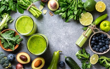 Green fruits and leafy vegetables smoothies in two glasses, green vitamin drink for detox and getting skinny diet - obrazy, fototapety, plakaty