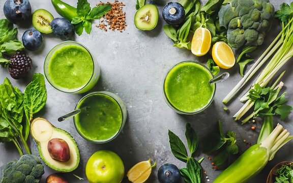 Green fruits and leafy vegetables smoothies in two glasses, green vitamin drink for detox and getting skinny diet
