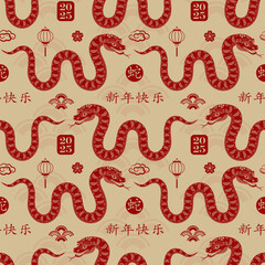 Seamless pattern with Asian elements for happy Chinese new year of the Snake 2025