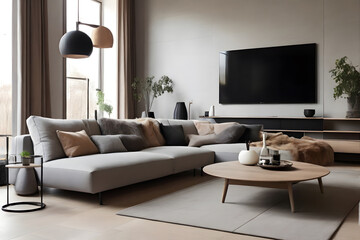 Big tv in modern living room in scandinavian style