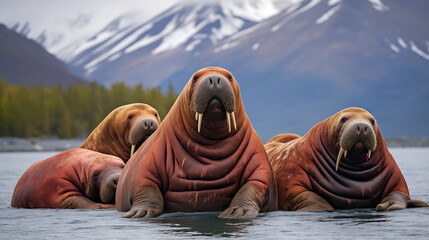 Walruses lounging on the shore. - obrazy, fototapety, plakaty