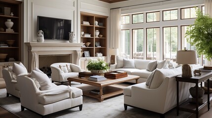 A transitional-style living room blending classic and modern furniture pieces