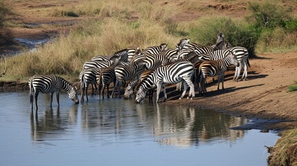 Fototapeta na wymiar Group of Zebra quenching their thirst at camp watering spot.