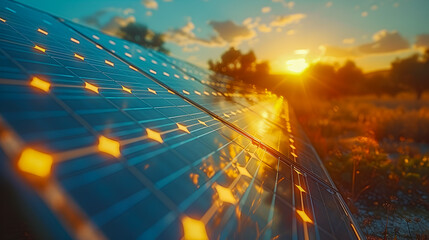 Curved solar panel array at sunset, harnessing the power of the sun.

