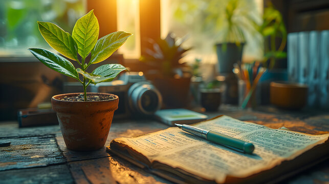 A small potted plant on a rustic wooden table with sunlight streaming through a window, depicting growth and new beginnings.
