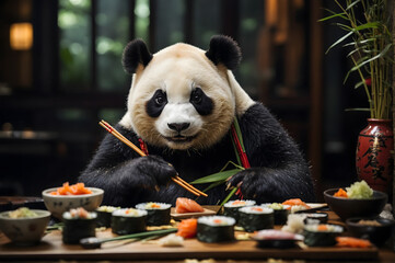 Big panda eating sushi with chopsticks in restaurant