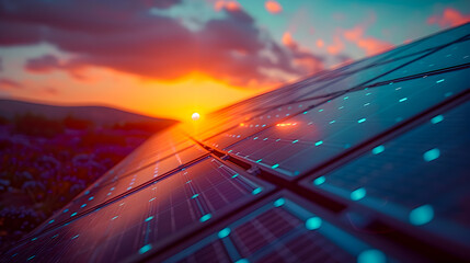 Solar panels gleaming under the vibrant sunset sky, symbolizing sustainable energy.

