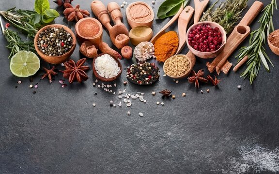 Spices, herbs and various other culinary ingredients background