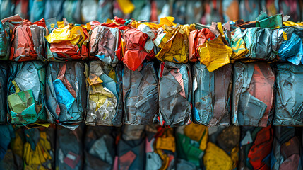 Colorful bales of compressed recycled materials, showcasing environmental waste management and recycling.
