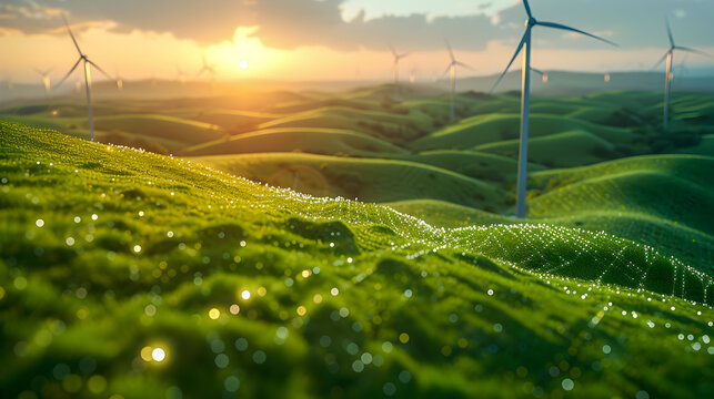 Renewable energy wind turbines on vibrant green hills during a beautiful sunrise.
