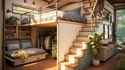 A tiny house design with staircase storage leading up to a loft bedroom