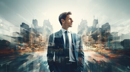 A businessman stands out in a bustling city scene, encapsulating the fast urban business lifestyle.