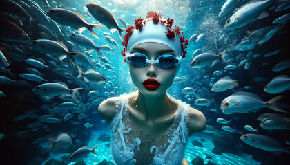The image portrays an underwater scene with a person in a swim cap and goggles surrounded by fish, evoking a surreal, dreamlike quality.Portrait concept.AI generated.