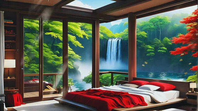 Villa bedroom room with glass window presents views of green natural beauty with waterfall