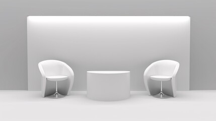 Realistic trade show furniture, including chairs and tables, as well as a blank white booth for corporate displays.