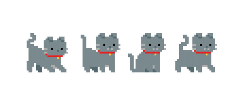 Grey Scottish Cat or Kitten in pixel art - isolated vector. Cute kawaii style pixel cats in retro 8-bit game style. Cute pixel kitten design for stickers, icons, t-shirt screen printing	