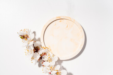 Fototapeta na wymiar Spring product presentation scene made with circle podium and blossom branch of apricot tree