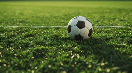 3D illustration of a soccer ball on a textured field at the center midfield. - obrazy, fototapety, plakaty
