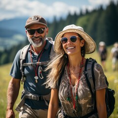 Fototapeta premium Portrait of a happy couple hiking in the mountains. Man and woman on vacation. Middle aged cheerful couple hiking in the mountains with a group of people. Beautiful smiling partners trekking outdoors.