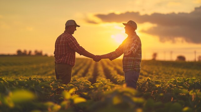 Two growers in soybean field reaching an accord with handshake.