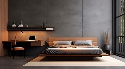 A room with a platform bed and a minimalist wall-mounted desk for a workspace