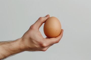 Hand holding chicken egg isolated on gray, sustainable, food concept
