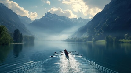 A rowing team gliding across a serene lake with mountains in the distance - AI Generated Digital Art