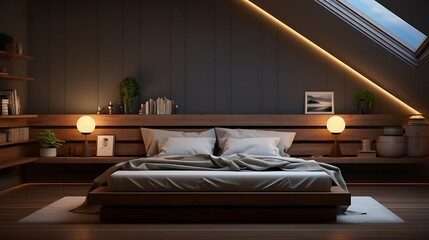 A room with a minimalist bed on a raised platform, creating storage underneath