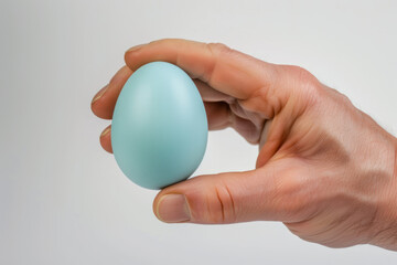 Fototapeta na wymiar Hand holding duck blue egg isolated on gray, sustainable, food concept