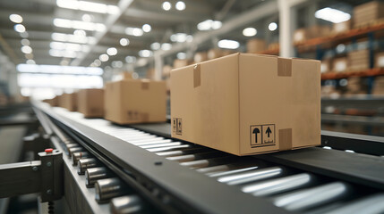 A conveyor belt moves boxes in a large warehouse.
