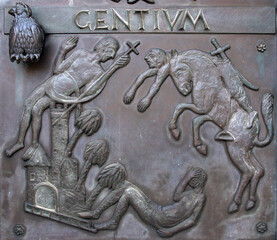 Illustrations of stories from the Bible on doors Basilica of the Annunciation in Nazareth, Israel