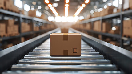 A conveyor belt moves boxes in a large warehouse. - obrazy, fototapety, plakaty