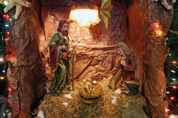 Christmas nativity scene at the Basilica of the Transfiguration at the mount Tabor (Har Tavor),...