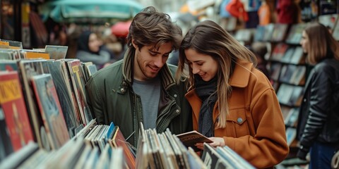 A youthful pair browsing vinyls at a flea market in France. - obrazy, fototapety, plakaty