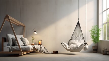 A room with a minimalistic bed frame and a hammock chair as a unique seating choice