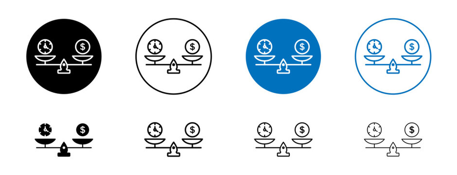 Time and Money Scale Line Icon Set. Financial value comparison symbol in black and blue color.