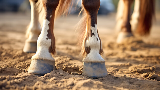A close-up of a horse's hooves on sandy ground